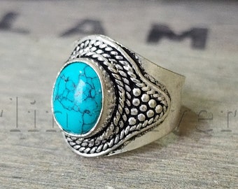 Turquoise Ring , Silver Band Ring , Gemstone Ring , 925 Sterling Silver Ring , Turquoise Band Ring , Solid Silver Ring , Unisex Band Ring