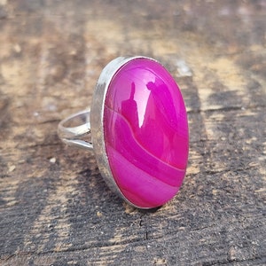 Pink Lace Agate Sterling Silver Ring: Oval Gemstone Statement Jewelry