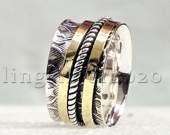 Solid 925 Sterling Silver With Brass Tone Spinning Ring For Women Meditation Fidget Anxiety Worry Spinner Ring For Mothers Day Gift