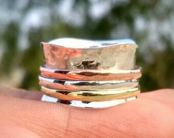 Three Tone Spinner Ring / 925 Sterling Silver Ring / Boho Ring / Most Popular Ring / Thumb Spinner Ring / Meditation Ring / Ring For Her