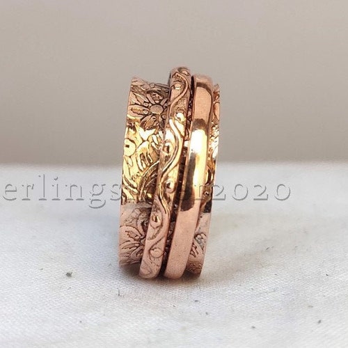 Floral Rose Gold 925 Sterling Silver Spinner Ring, Meditation Band, Yoga Ring, Thumb Ring, Worry Ring, Handmade Spinner Ring, Double Band