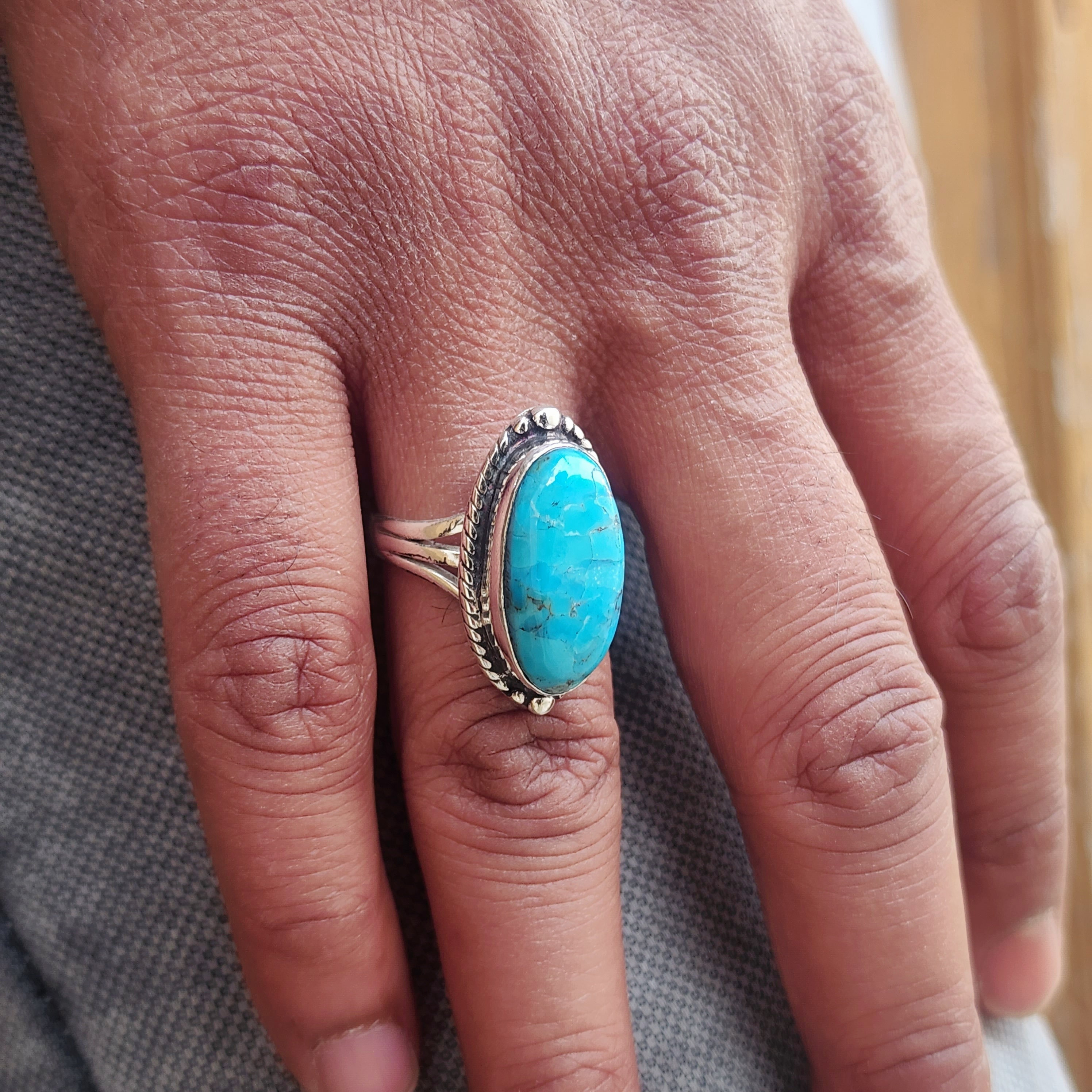 Turquoise Statement Ring: Oval Natural Stone, 925 Sterling Silver