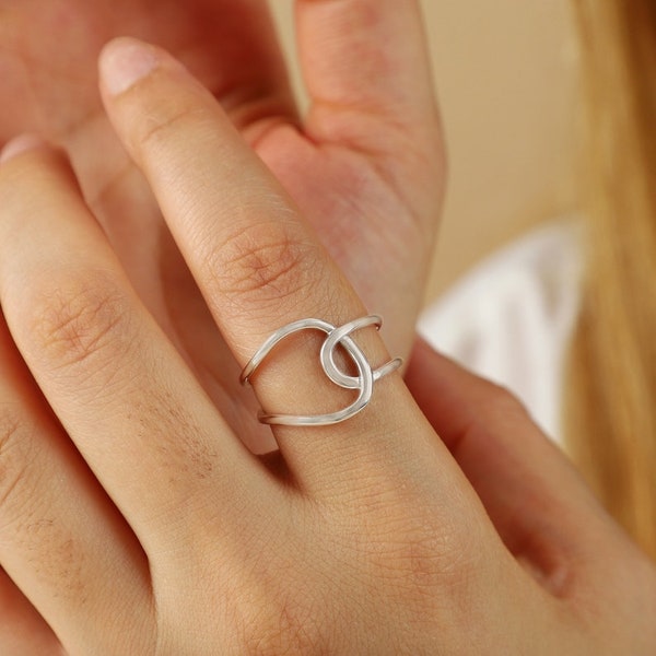 Großer silberner Knoten-Daumen- und Zeigefingerring, Statement-Vintage-Silber-geometrischer Ring, zarter Lrregular-Ring, verstellbarer Ring, Geschenke für Sie