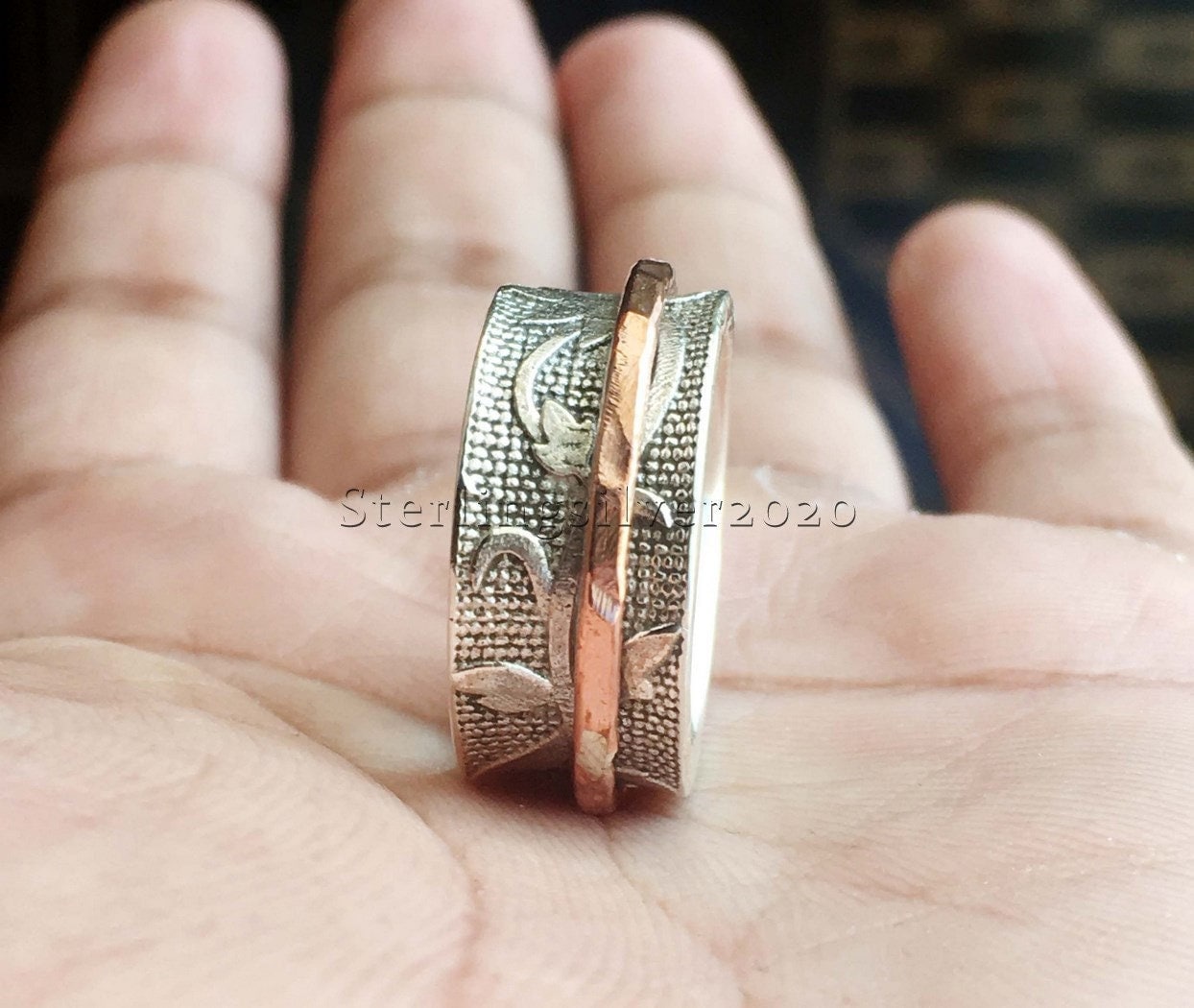 Statement Gift Ring Mother Mothers Day Gift Silver Ring Beautiful 925 Sterling Silver Spinner Ring Worry Ring Floral Textured Ring Spinner Band Ring for Gift Meditation Ring Handmade Ring