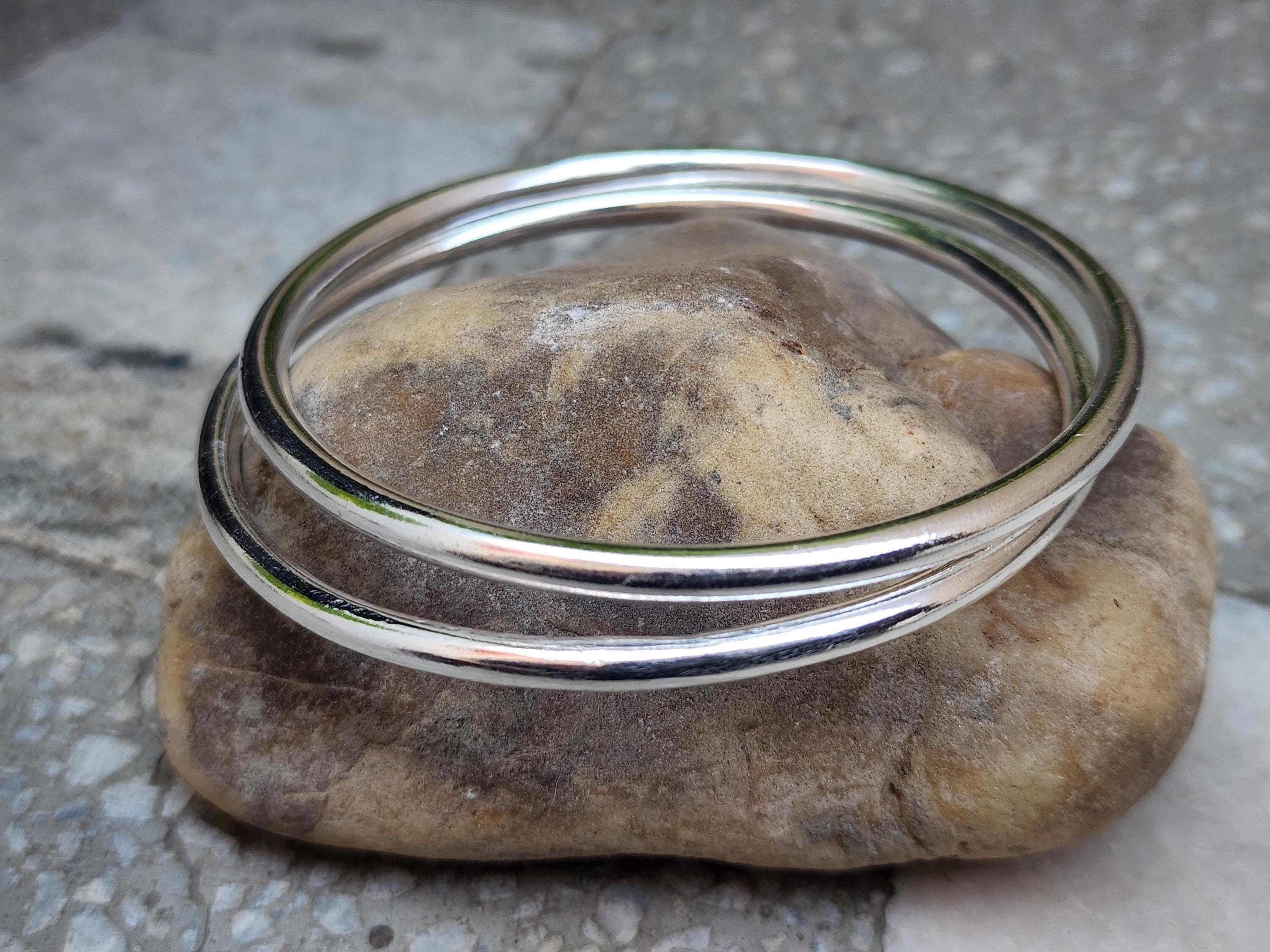2 Set Thick Heavy Silver Bangle, Christmas Gift, 925