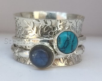 Multi Stone Ring, 925 Sterling Silver Spinner Ring, Gemstone Ring, Turquoise Spinner Ring, Labradorite Spinner Ring, Spinner Rings For Women