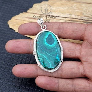 Pendentif en malachite naturelle, pendentif ovale en malachite, argent sterling 925, pendentif fait main, collier en argent, bijoux en malachite