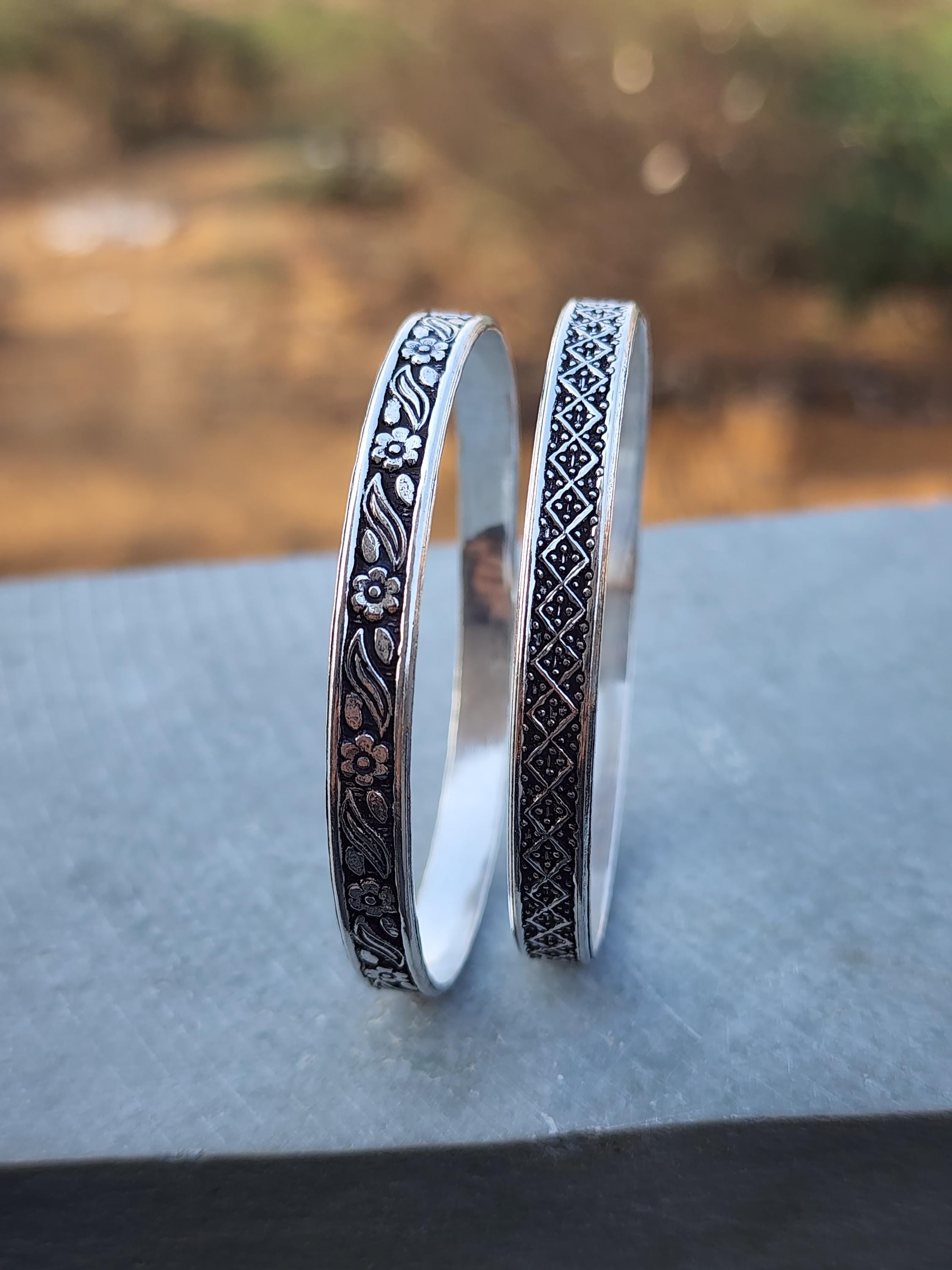 Oxidized Sterling Silver Bangle Set: Floral & Tribal Boho