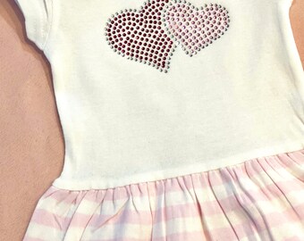 Rhinestone Hearts White Pink Stripe Dress for Toddlers - Sparkly Hearts Rhinestone Dress 6mos - 24mos