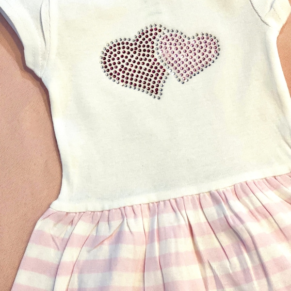 Rhinestone Hearts White Pink Stripe Dress for Toddlers - Sparkly Hearts Rhinestone Dress 6mos - 24mos