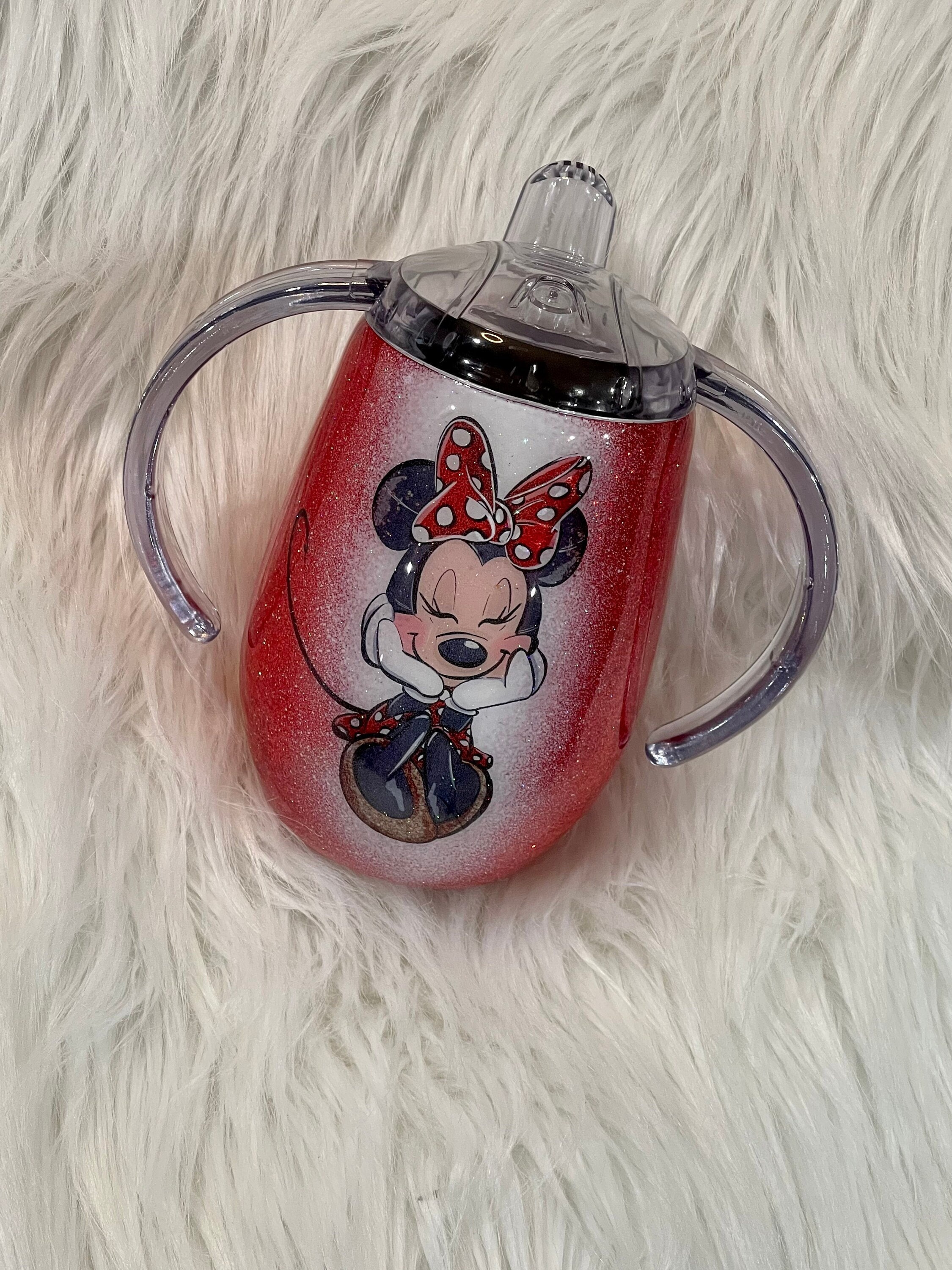 Custom Sippy Cup Inspired By Minnie,Cartoon Handle Sippy Top,Custom Toddler  Cup,Custom Minnie Training Cup,Character Transitioning Sippy Top