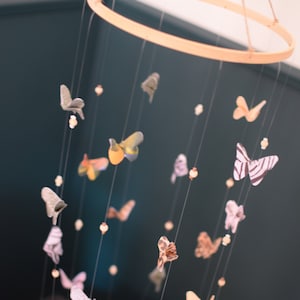 Puede incluir: Un m&oacute;vil de anillo de madera con recortes de mariposas de colores que cuelgan de &eacute;l. Las mariposas est&aacute;n hechas de papel y tienen diferentes patrones y colores. El m&oacute;vil est&aacute; colgado del techo y est&aacute; rodeado por una pared azul oscuro.
