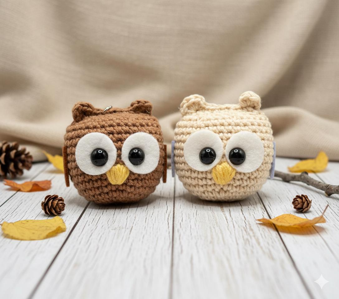 Crochet Owl Keychain - Handmade Cotton Yarn Charm