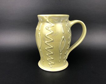 Handmade Large Pottery Mug With Wonderful Abstract Slip Trail Design Made By Bunny Safari of Canada Holds 16oz