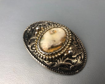 Genuine Stone Silver Tone Western Style Vintage Belt Buckle