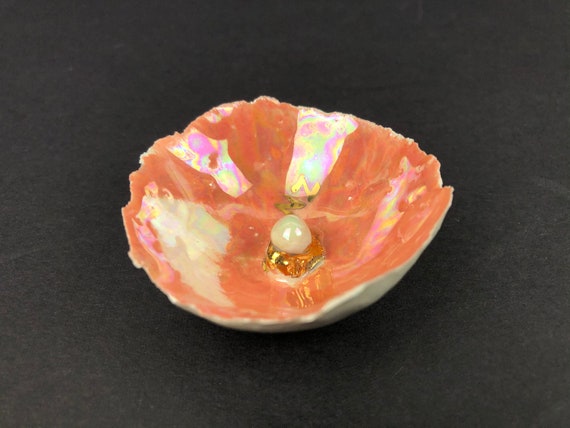 Vintage Fairy Dish Handmade Ceramic Iridescent Pe… - image 2