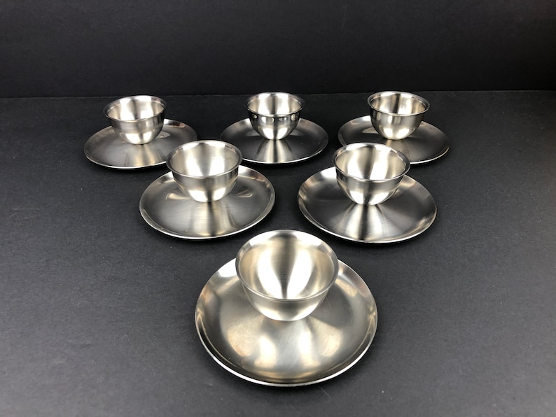 A Set of 6 Mid-Century Modern Brushed Stainless Steel Egg Cups Made By Polaris of Norway image 2