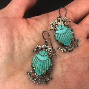 Vintage Art Deco Imitation Turquoise Scarab Beetle & Silver Tone Filigree Earrings With Sterling Silver Ear Hooks