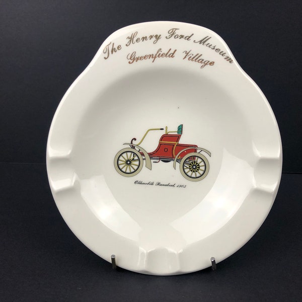 A Vintage Henry Ford Museum Greenfield Village Souvenir Ceramic Ashtray With 1903 Oldsmobile Runabout.