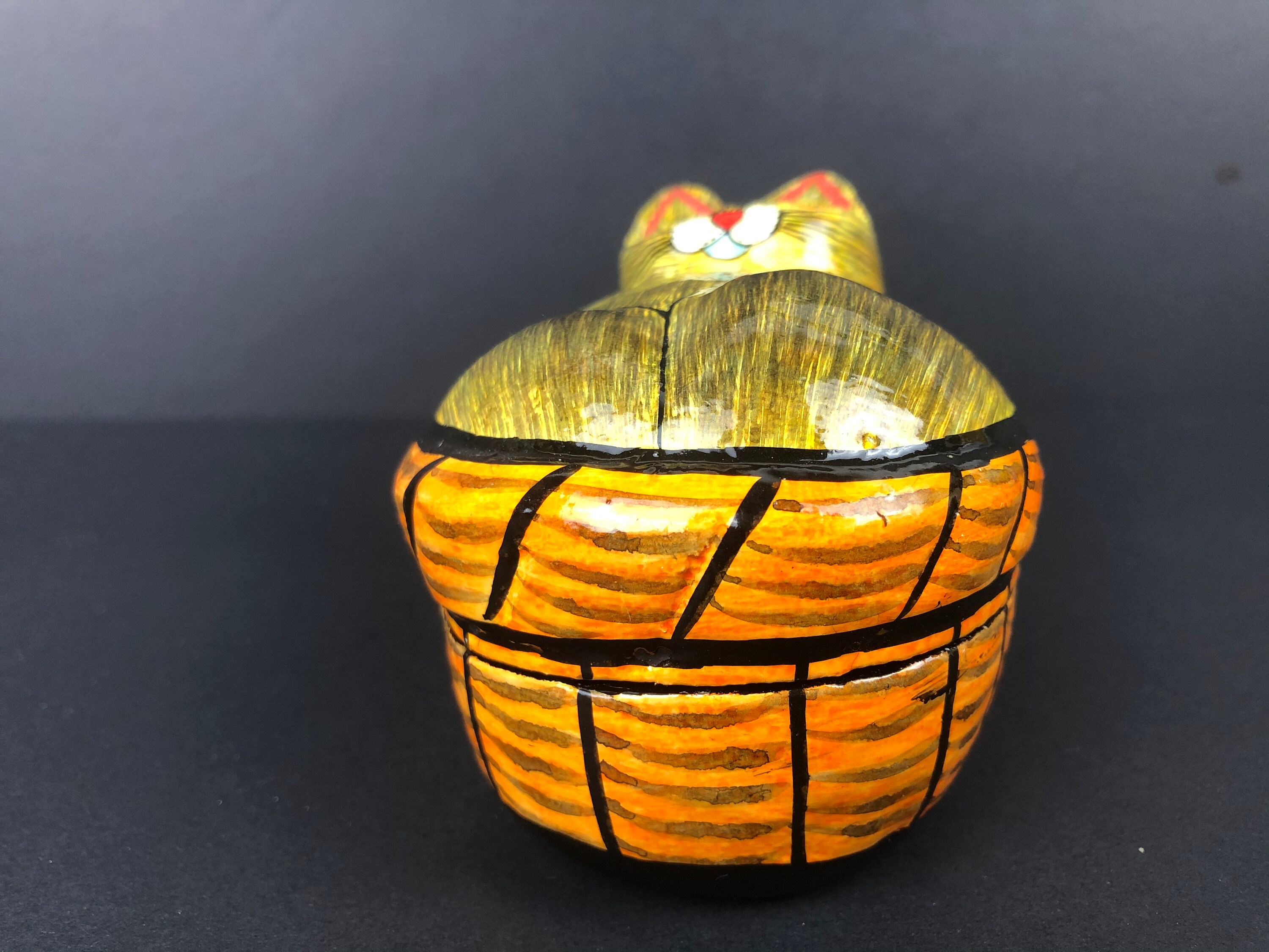 Vintage Paper Mache Handmade Cat in A Basket Trinket Box Etsy