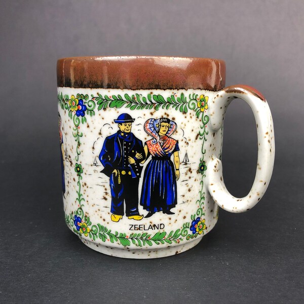1960s Ceramic Zeeland Netherlands Vintage Speckled Mug With Couple in Traditional Clothing