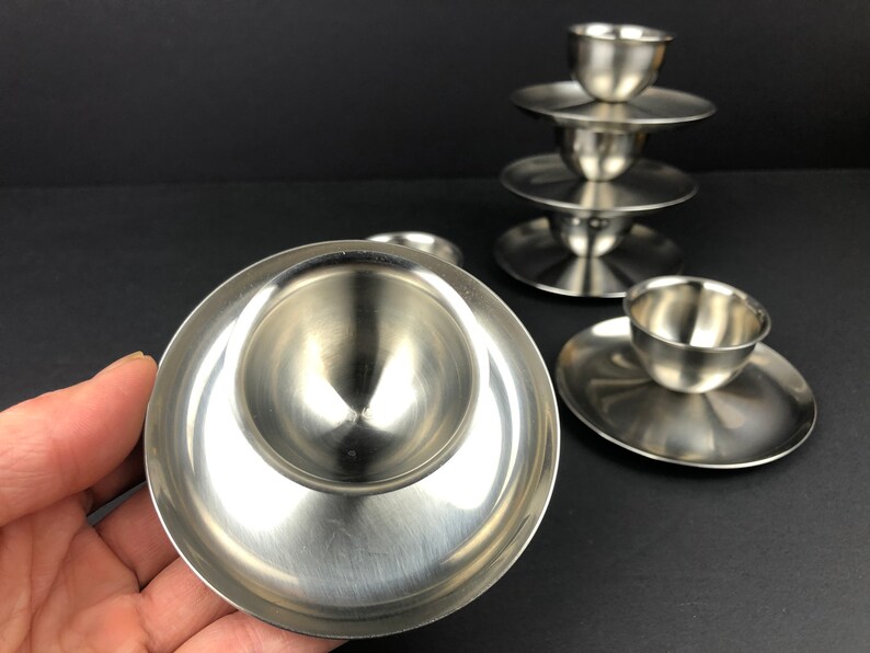 A Set of 6 Mid-Century Modern Brushed Stainless Steel Egg Cups Made By Polaris of Norway image 10