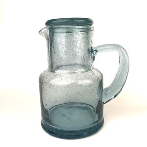 Recycled Pale Grey-Blue Glass Tumble-Up Bedside Pitcher With Cup Lid. 6" Tall.  Hold 16oz.