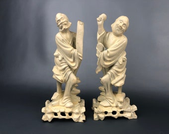 Pair of Hand-Carved Painted Wood Statues of Two Seated Gentlemen.