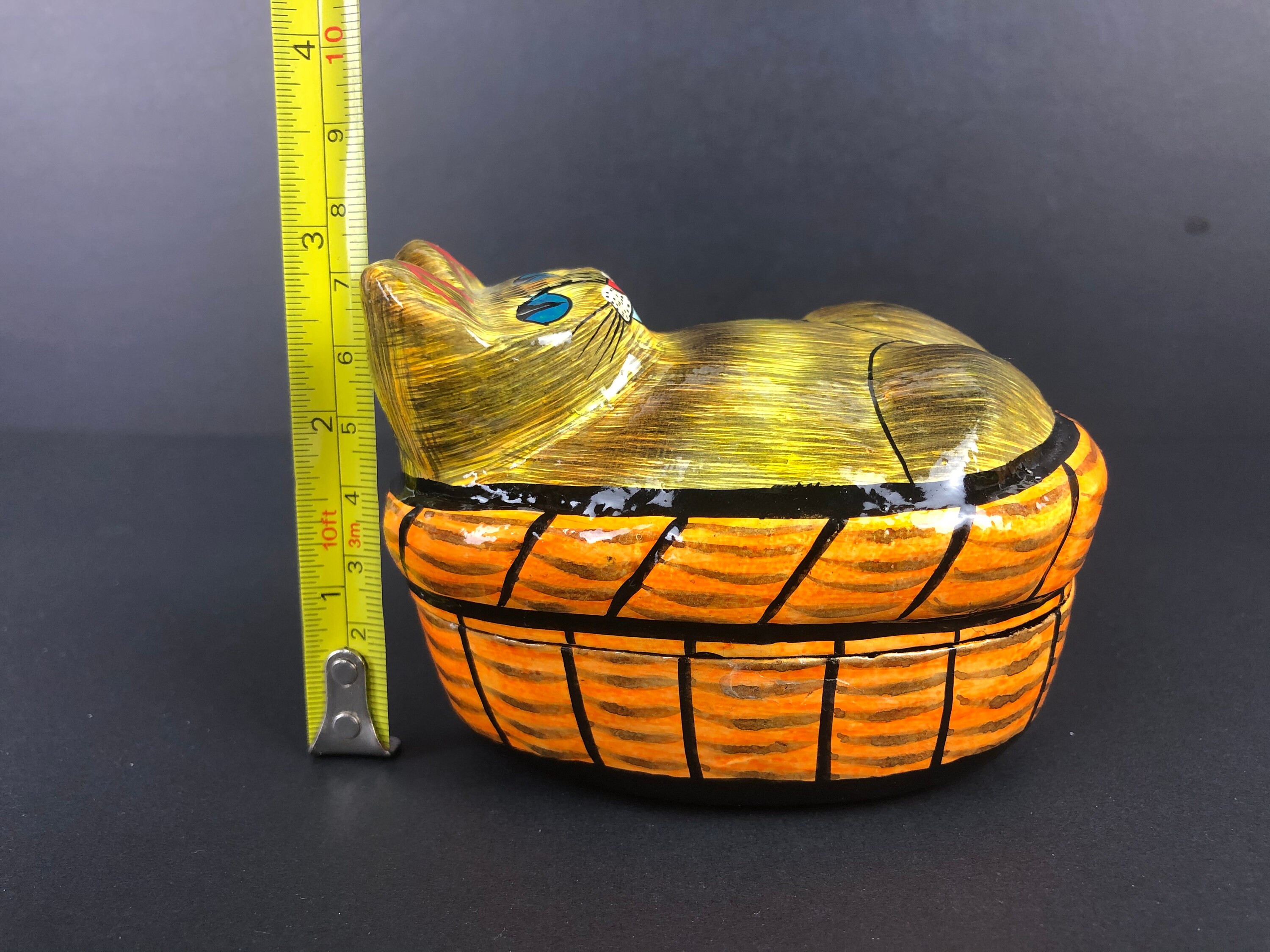 Vintage Paper Mache Handmade Cat in A Basket Trinket Box Etsy