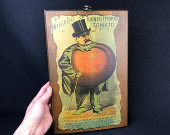 Vintage Wall Decor Advertising Mikado Tomato Seeds on Solid Pine Board.  14"x9.25"