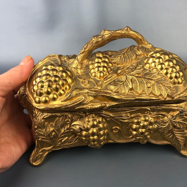 Antique Early 1900s Art Nouveau Victorian Gold Gilded Elaborate Casket Jewellery Box