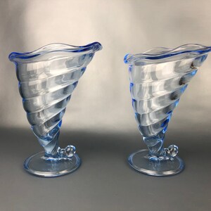 Set of 2 Fabulous Italian Made Blue Glass Cornucopia Ice Cream Sundae/ Dessert Bowls/Cups Made By Bormioli Rocco. Near Mint Condition.