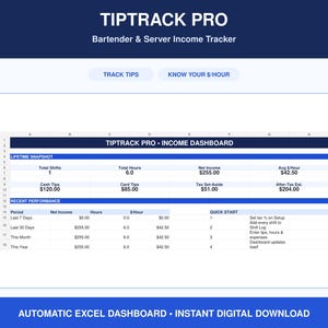 TipTrack Pro Bartender & Server Income Tracker | Excel Tip Spreadsheet and Shift Dashboard