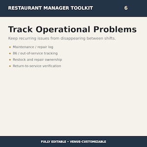 Zestaw narzędzi dla menedżerów restauracji, edytowalne szablony zarządzania restauracją, listy kontrolne otwarcia i zamknięcia, dziennik dzienny i formularze dla pracowników