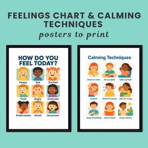 Feelings Chart Emotions Poster Set – Emotions Chart for Kids, Calming Corner Emotional Regulation, Calming Techniques, Homeschool, Classroom