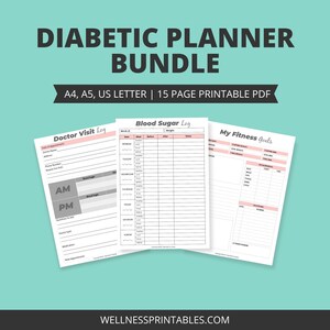 Blood Sugar Tracker Printable  - Diabetic Planner Bundle, Diabetes Log Book Letter A4 A5 Planner Inserts, Daily Food Journal