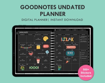 Goodnotes Undated Digital Planner - Note Taking Template Daily Schedule Weekly Black Paper Notability iPad Planner with Digital Stickers