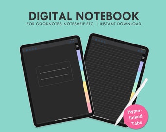 Black Paper Digital Goodnotes Notebook, Lined Note Taking Template, Digital Notebook with 6 Tabs, College Student School Notebook