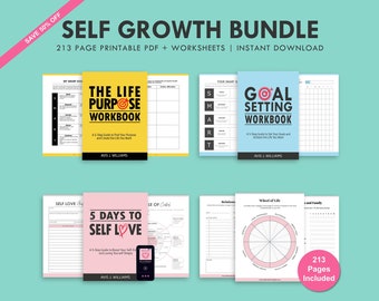 Self Growth Bundle - Self Improvement Kit to Discover Yourself, Goal Setting, Passion Printable Planner, Self Help Journal, Worksheets PDF