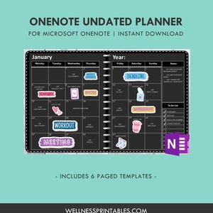 May include: A black and white printable planner for Microsoft OneNote. The planner includes a monthly calendar for January and a yearly calendar. The planner has a variety of stickers with different designs, including a coffee cup, a workout icon, and a meeting icon. The planner also includes a to-do list and notes section. The planner is designed to help users stay organized and on track with their goals.