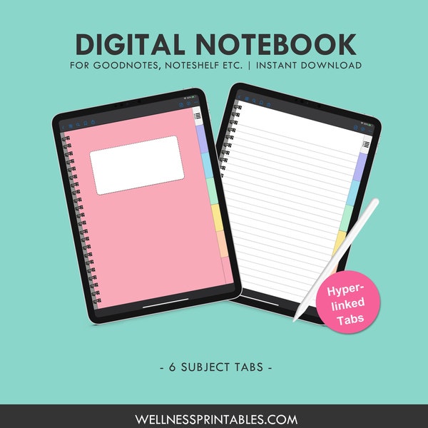 Digital Goodnotes Notebook, Lined Note Taking Template, Digital Notebook with 6 Tabs, College Student School Notebook