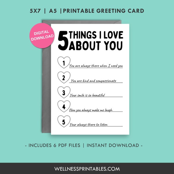 5 Things I Love About You Printable Greeting Card - Reasons I Love You Romantic Gift for Him or Her Thinking of You Personalised Gift
