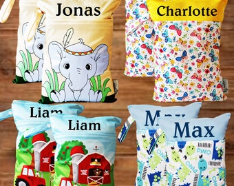 Pack of 2 with name, customizable water-repellent wet bag, wet bag, change bag, diaper bag, kindergarten wet bag