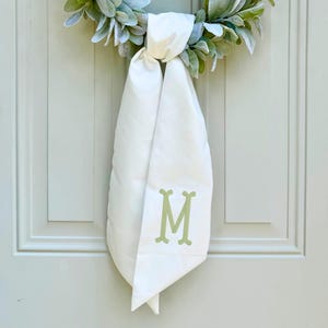 White Linen   Wreath Sash – Custom Monogrammed Embroidered Bow, 5&quot; x 53&quot;