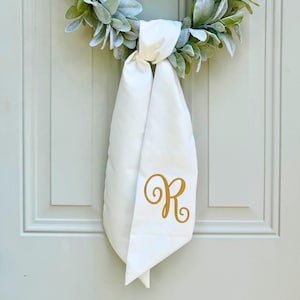 White Linen   Wreath Sash – Custom Monogrammed Embroidered Bow, 5&quot; x 53&quot;