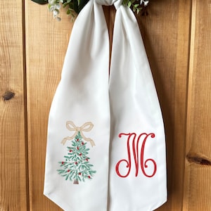 White Wreath Sash with Embroidered Christmas Tree & Monogram Initial