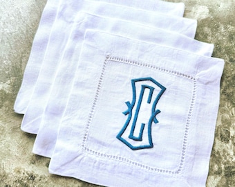 Monogrammed Linen Cocktail Napkins - Set of 6, Embroidered Initial