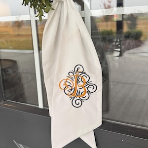 White Linen   Wreath Sash – Custom Monogrammed Embroidered Bow, 5&quot; x 53&quot;