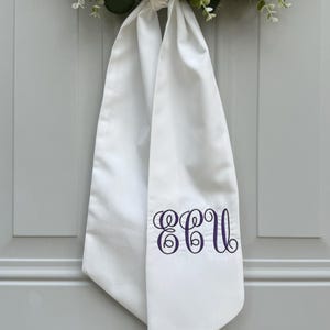 White Linen   Wreath Sash – Custom Monogrammed Embroidered Bow, 5&quot; x 53&quot;