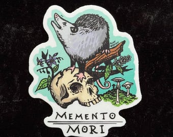 Memento Mori Sticker, Possum and Skull with Poisonous Flora, Matte Vinyl 2.5”